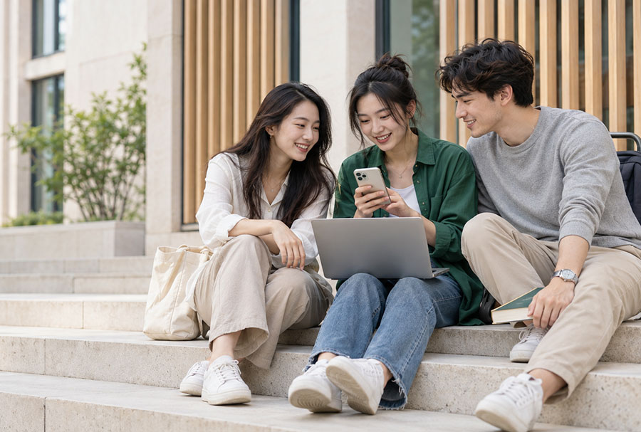 Three students sharing a phone and notebook on campus steps