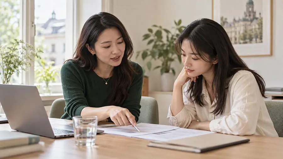 Two women reviewing insurance documents together