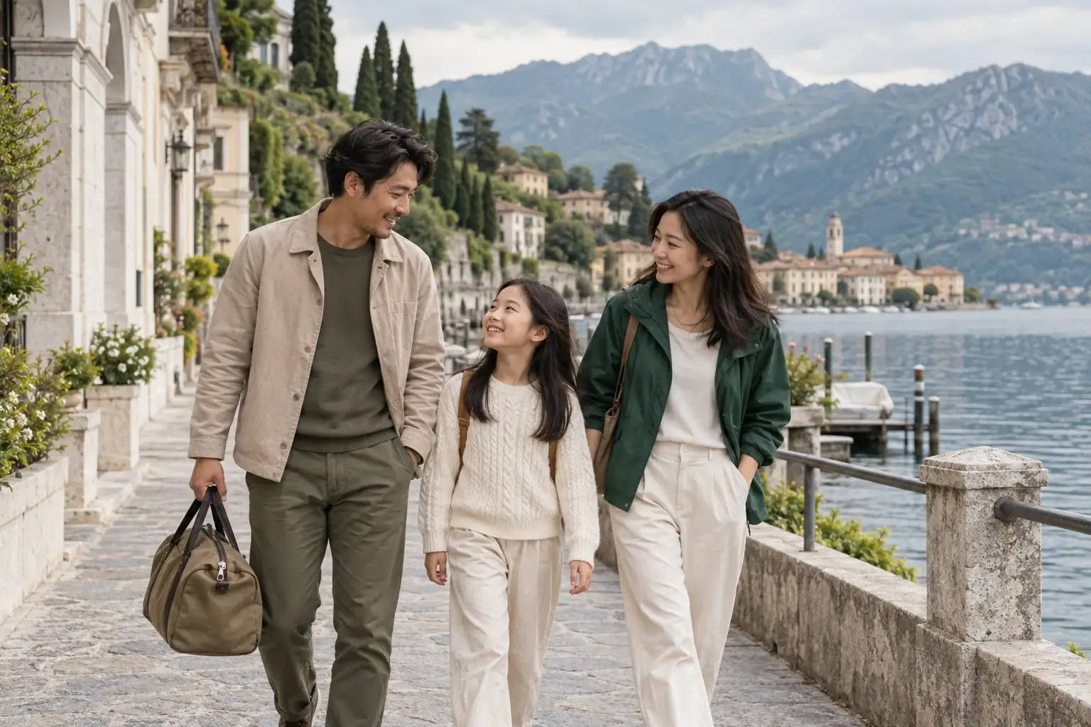 一家三口在欧洲湖畔旅行，父母与女儿自然交流