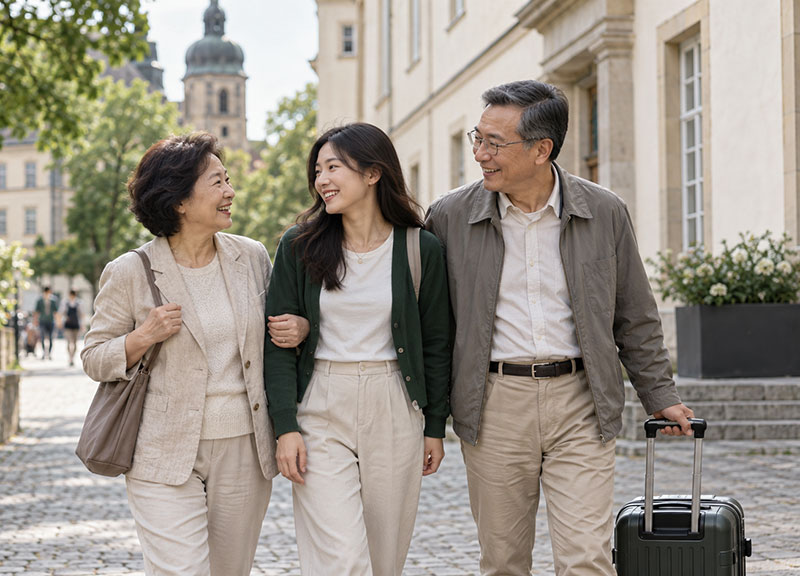 Parents and their daughter walking along a German street with luggage
